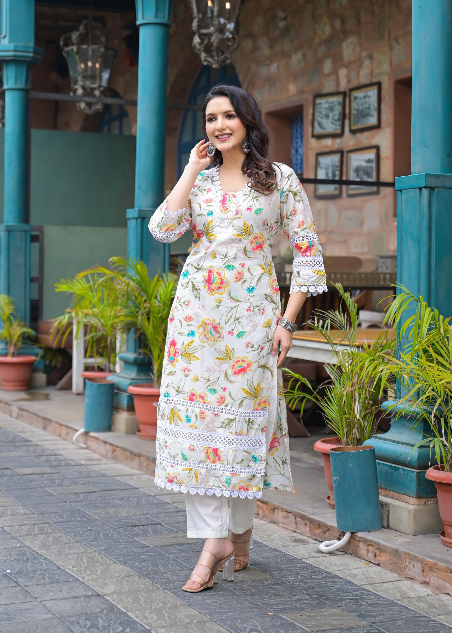 A1695 Cotton Kurti Set with Stylish Lace Work
