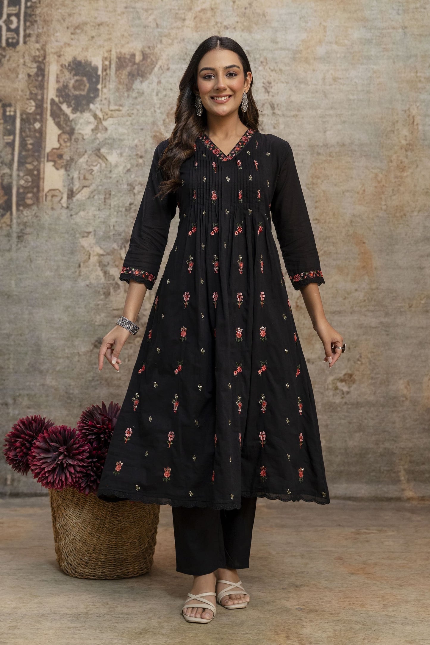 A1773 Embroidered Mul Cotton Suit(BLACK)