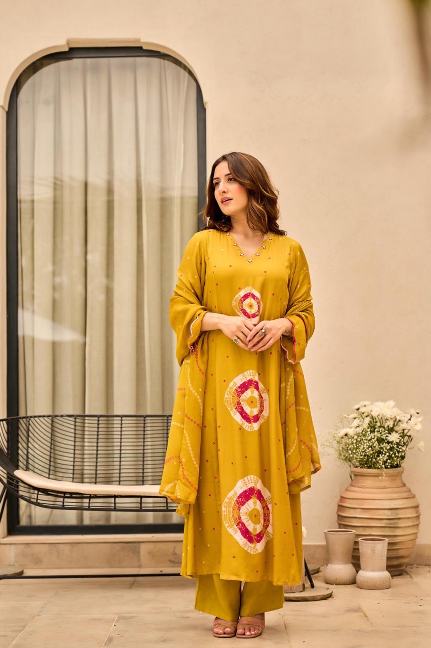 B2024 Mustard Yellow Pure Muslin Handcrafted Suit Set