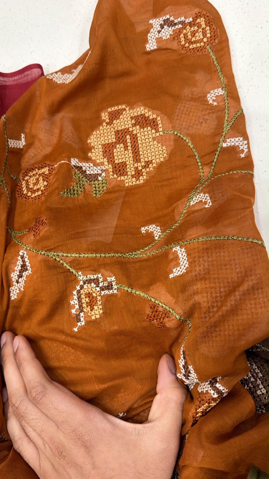 A1845 Panel Embroidered Mulmul Cotton Suit (RUST ORANGE)
