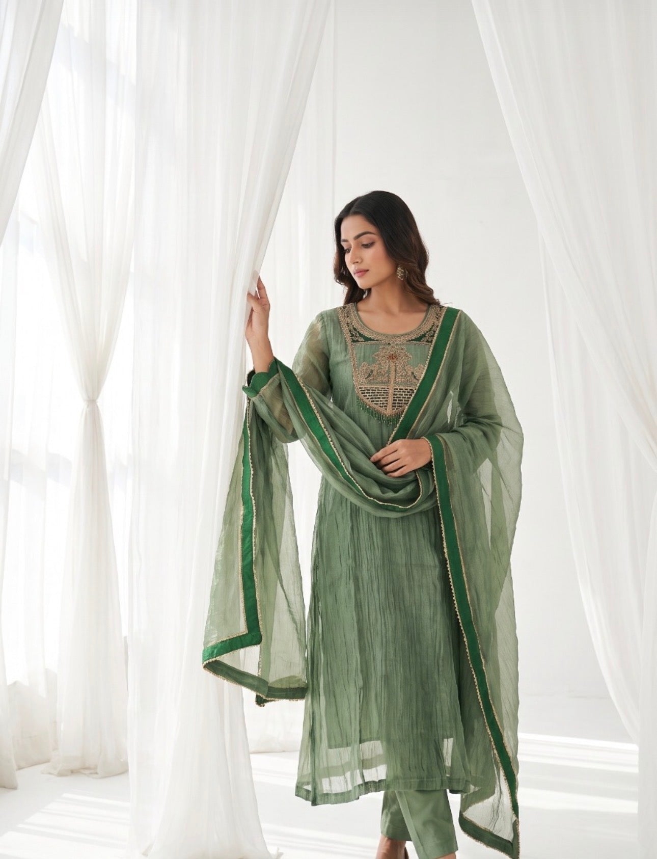 B2043 Crush Tissue Zardosi Anarkali Suit Set