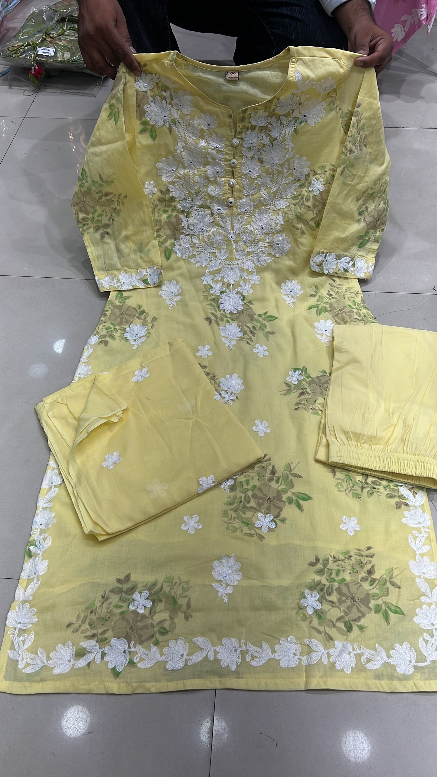 A1823 Noor Lucknowi Chikankari Mulmul Cotton Suit Set(LEMON YELLOW)