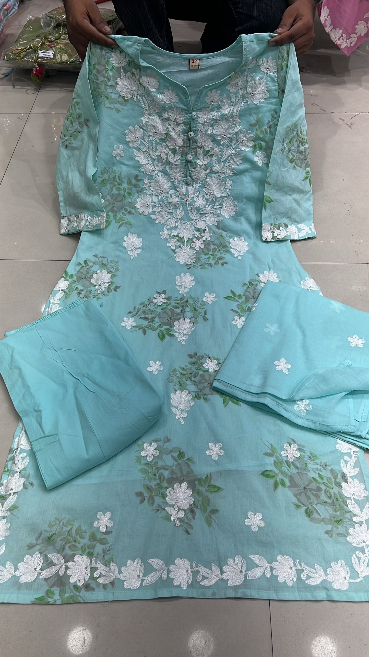 A1822 Noor Lucknowi Chikankari Mulmul Cotton Suit Set(AQUA BLUE)
