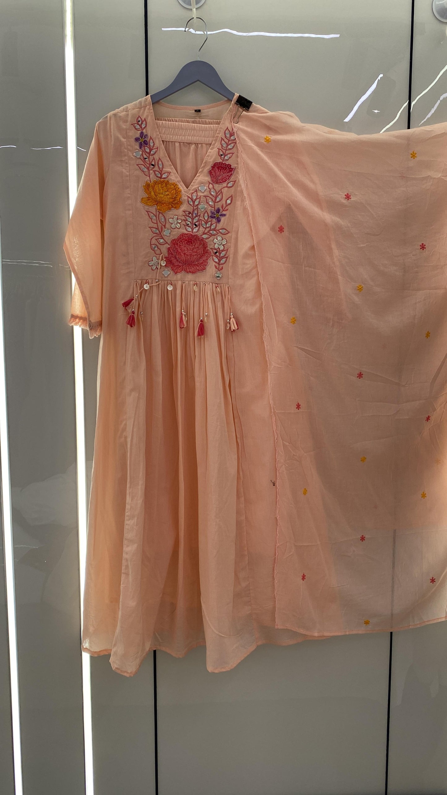 A1789 Elegant Peachy Pink Mul Cotton Kurta Set with Handwork