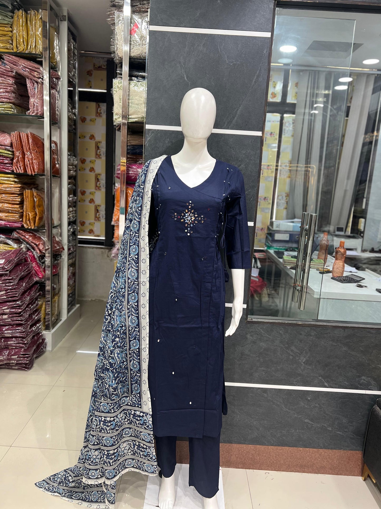 A1783 Pure Cotton Angarkha Suit Set with Mirror Work & Kalamkari Dupatta(NAVY BLUE)