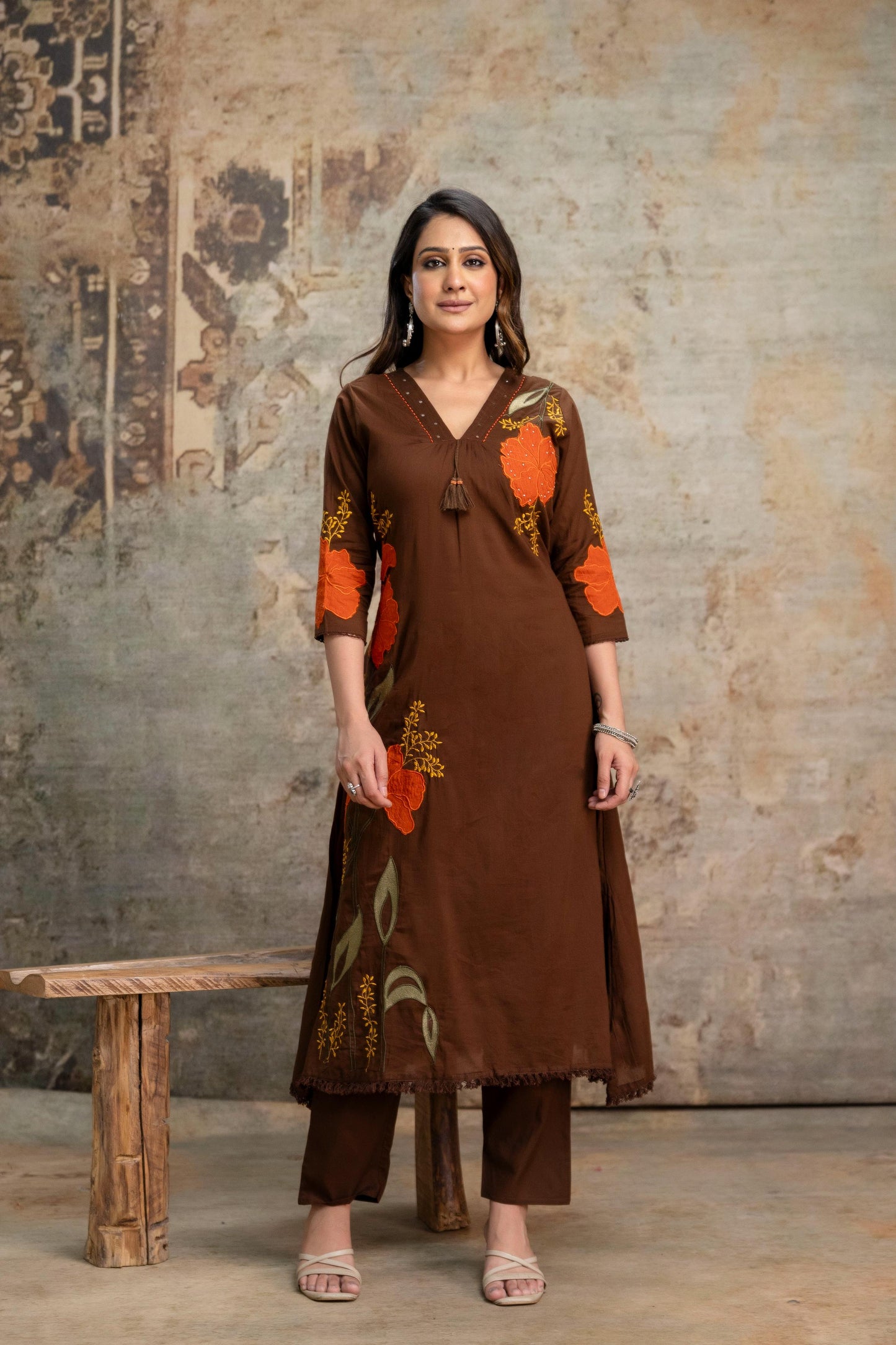 A1815 Pure Mul Cotton Appliqué Suit Set (COFFEE BROWN)