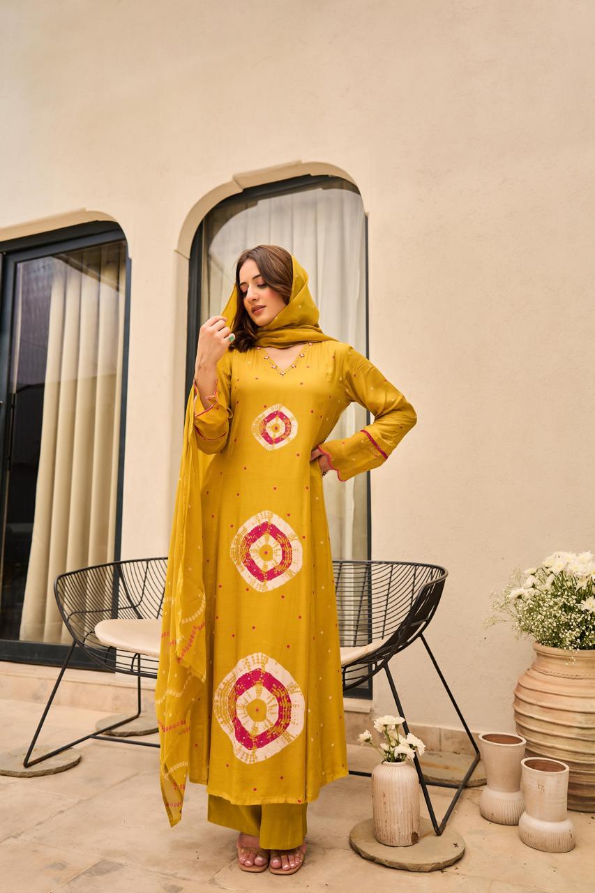 B2024 Mustard Yellow Pure Muslin Handcrafted Suit Set