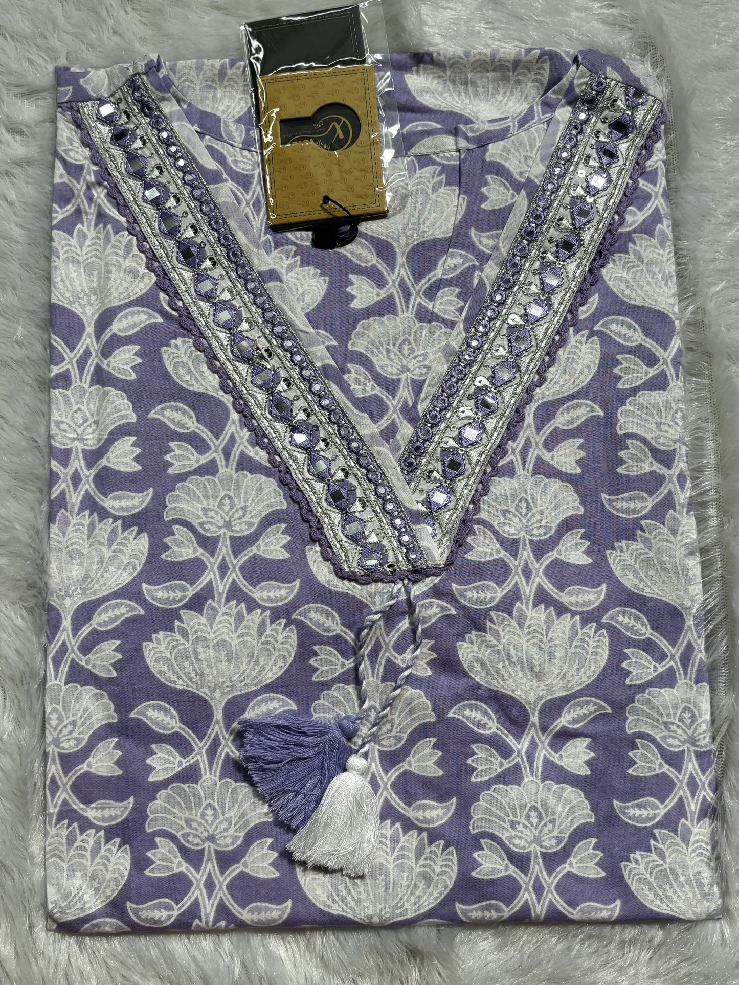 Pure Cotton Suit with Mirror Work and Beautiful Tassle on Neckline