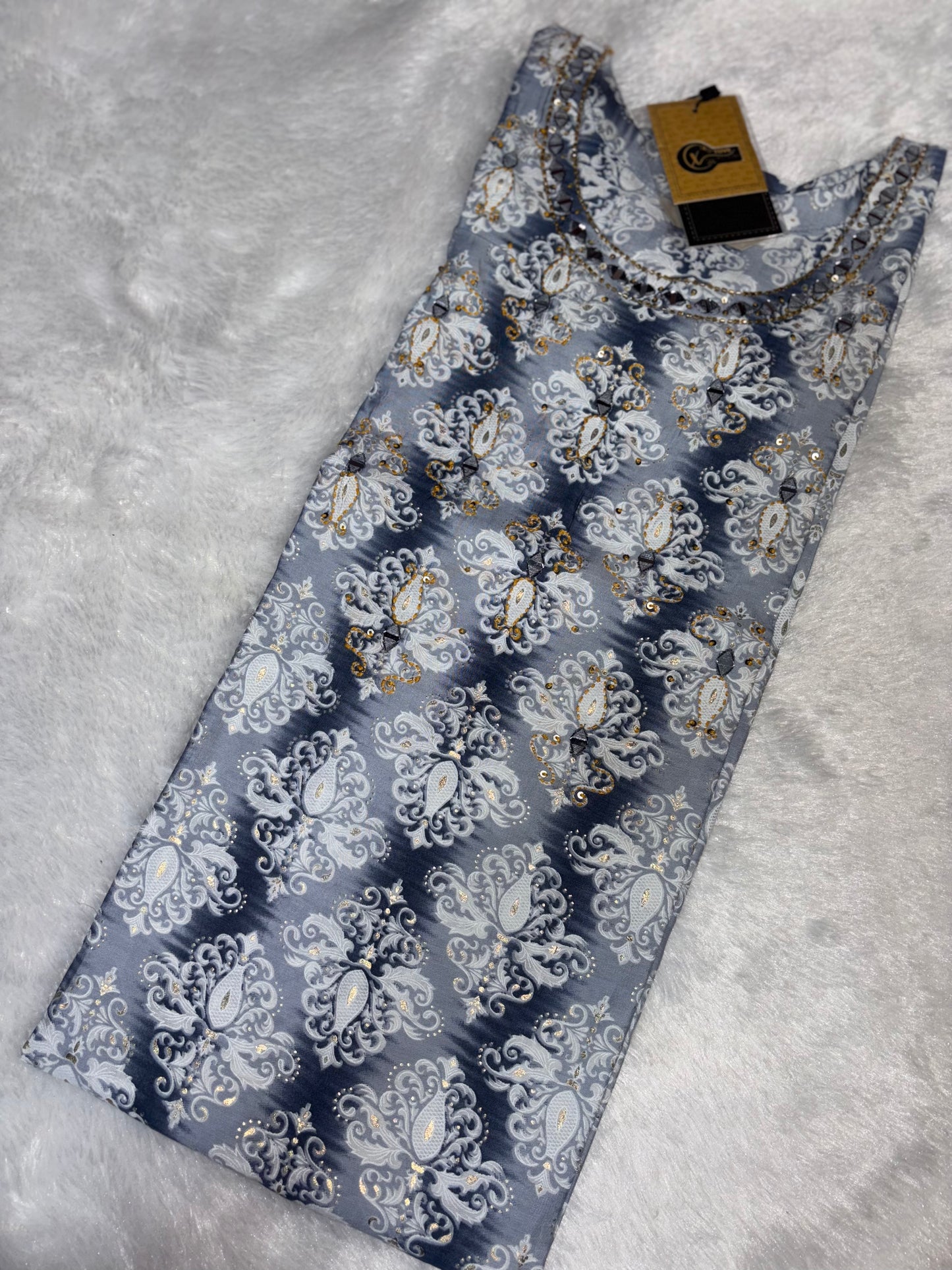 Hand Block Printed Three piece Pure Cotton Suit With Real Mirror Work