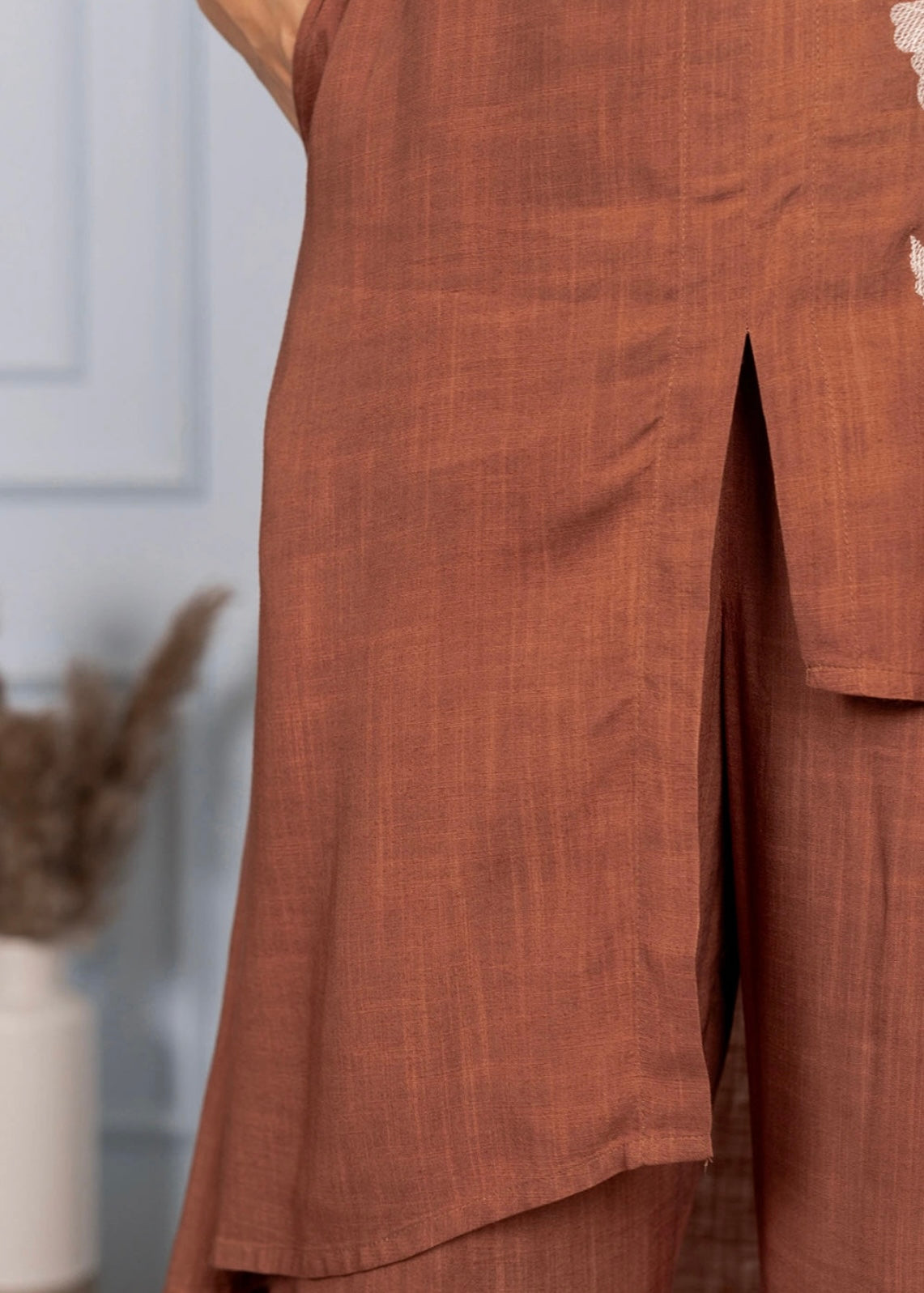 Premium Viscose Slub Co-Ord Set with Embroidery and Pearl Detailing