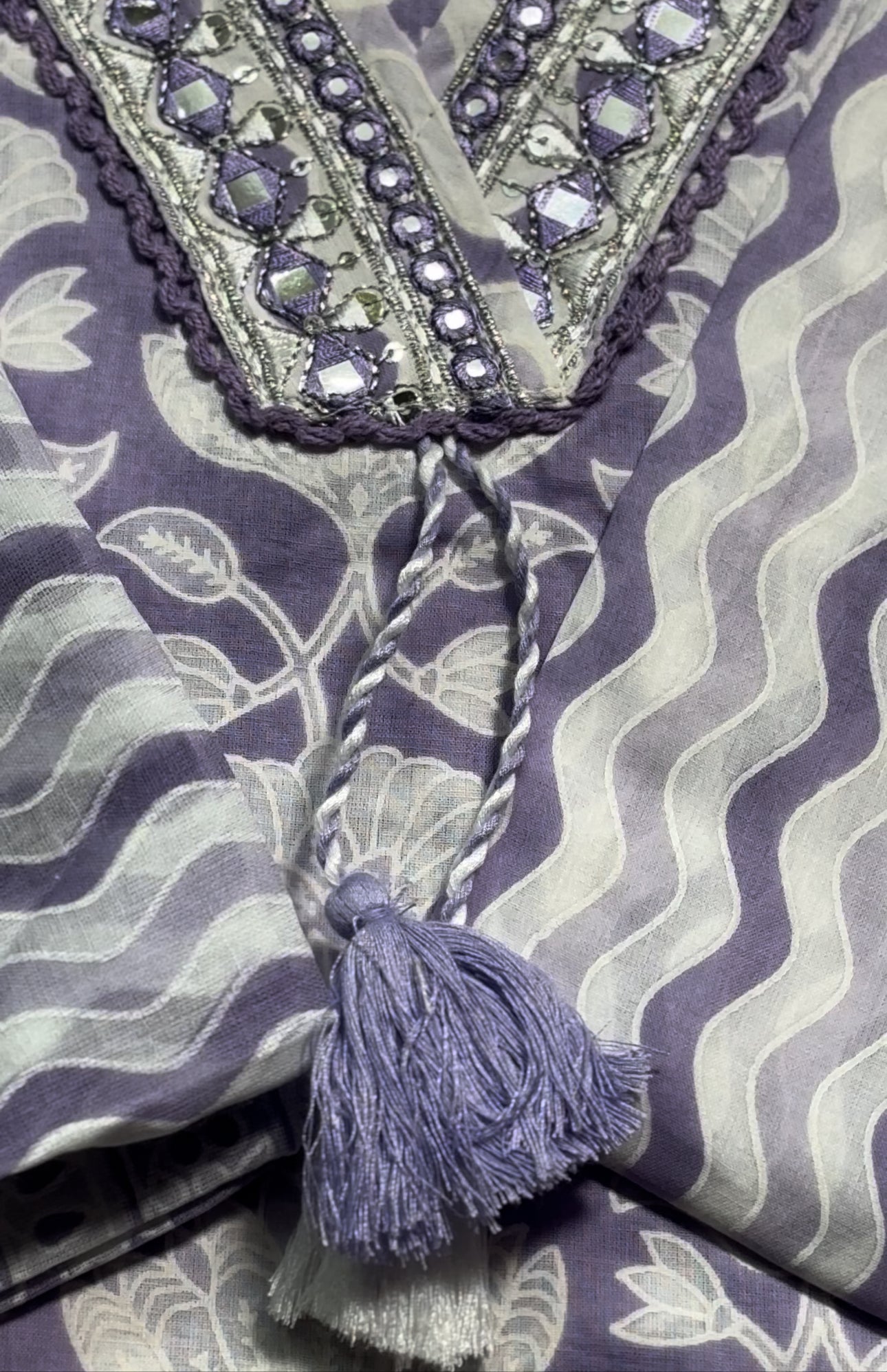 Pure Cotton Suit with Mirror Work and Beautiful Tassle on Neckline