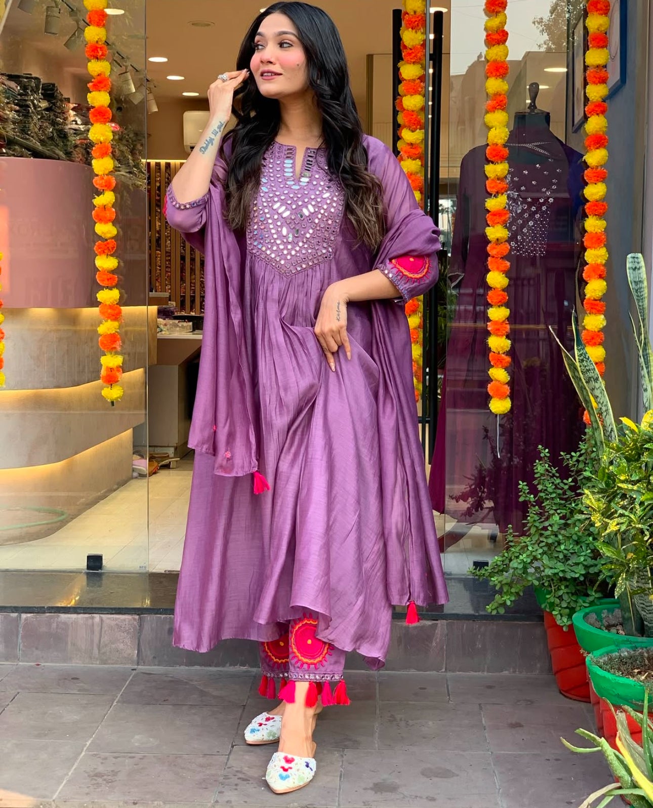 Pure Mul Chanderi mirror work Anarkali Suit