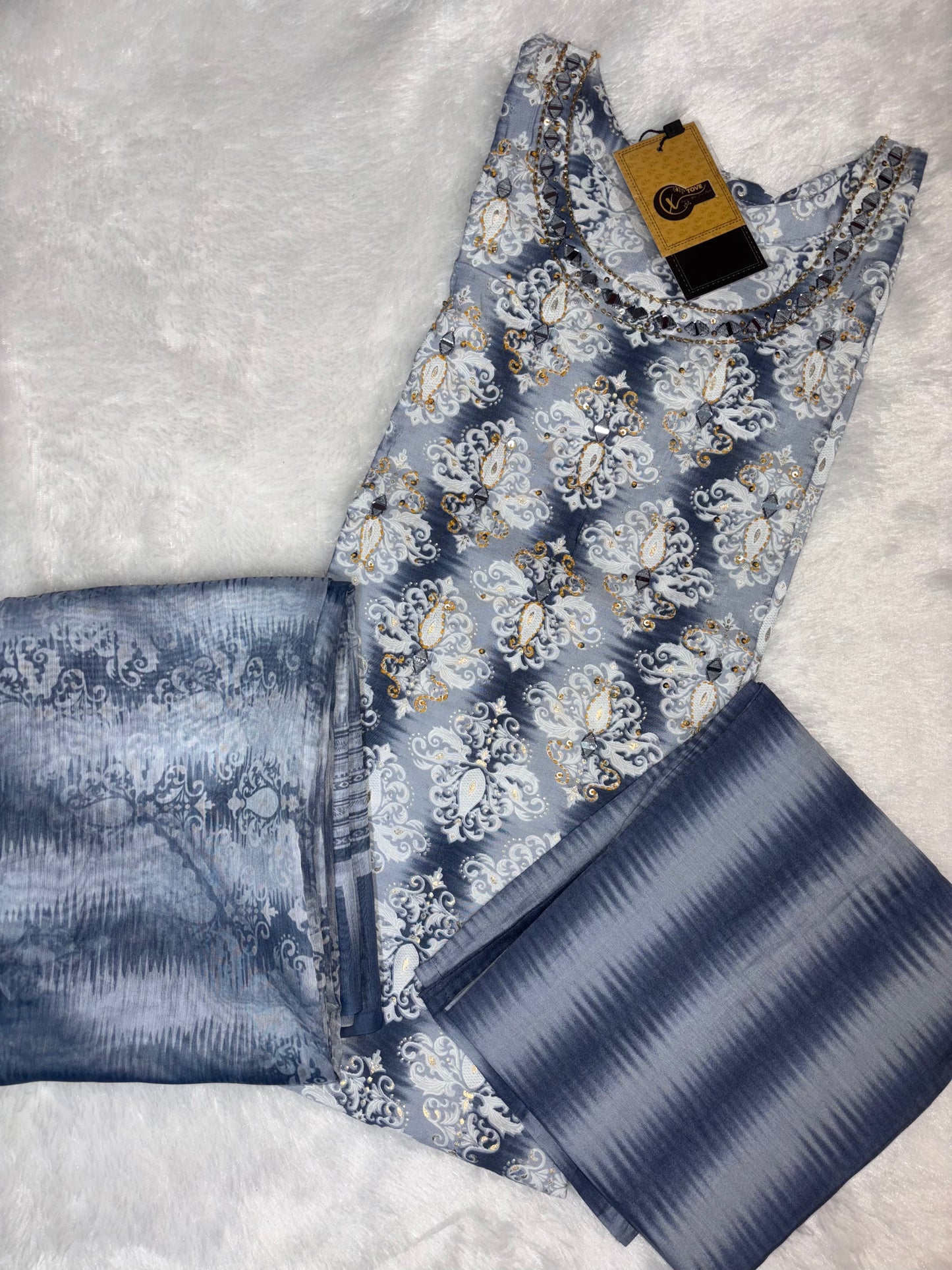 Hand Block Printed Three piece Pure Cotton Suit With Real Mirror Work