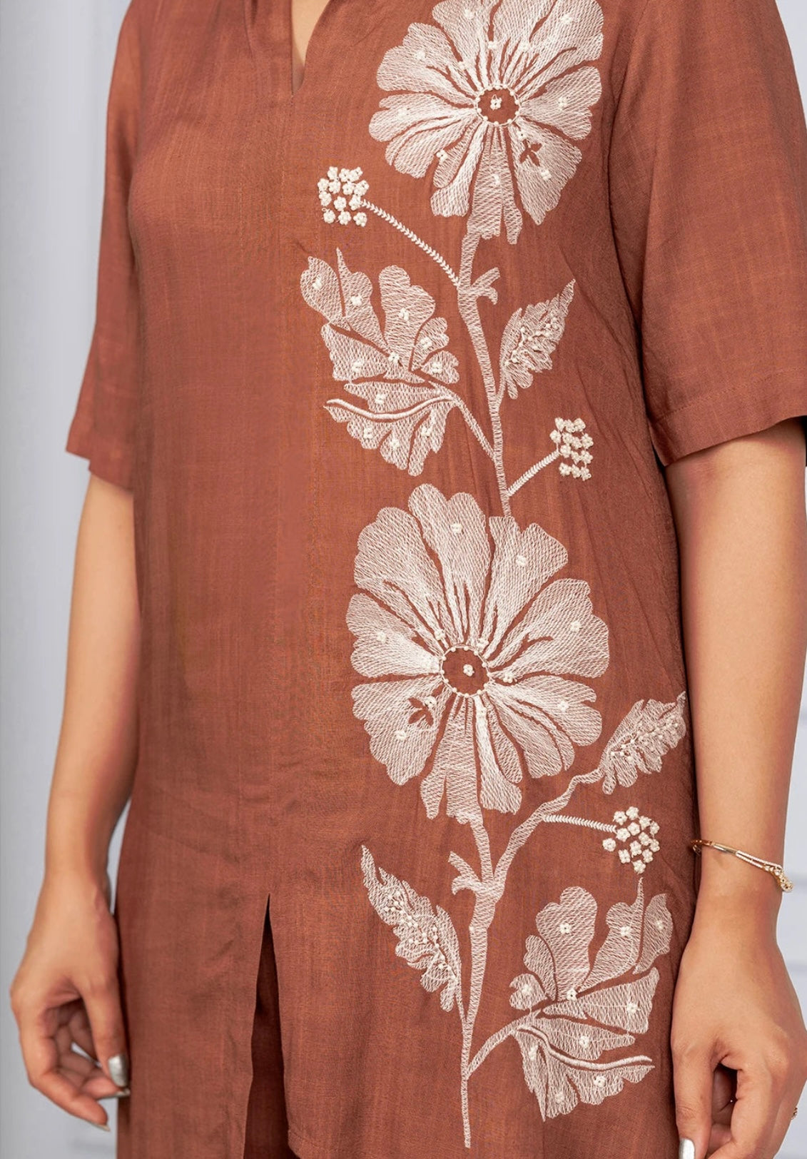 Premium Viscose Slub Co-Ord Set with Embroidery and Pearl Detailing