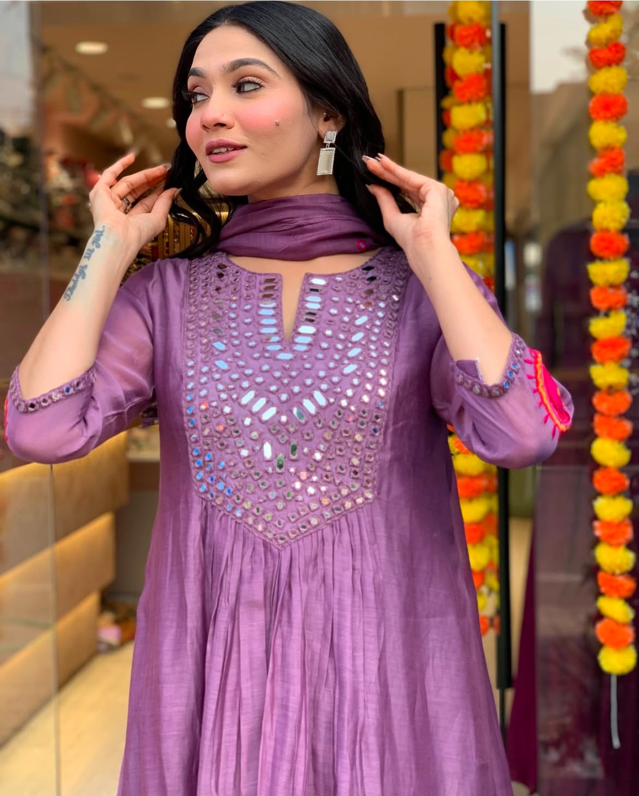 Pure Mul Chanderi mirror work Anarkali Suit