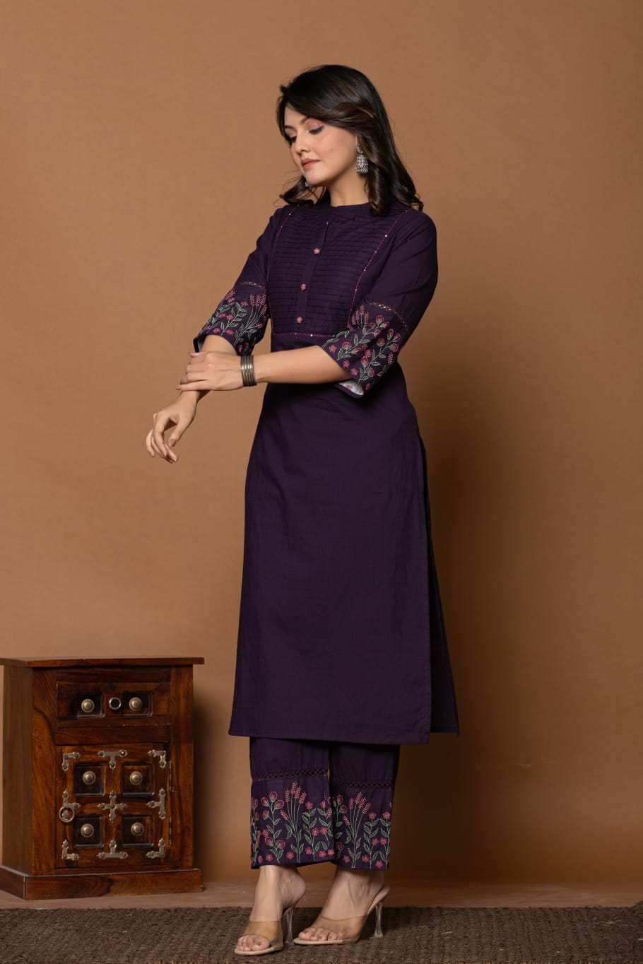 A1702 Pure Cotton Heavy Pleated Yoke With Kantha Work And Beautiful Embroidery on Sleeves and Pants