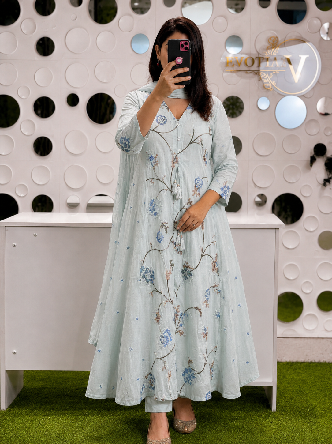 A1830 Premium Mulmul Cotton Floral Panel Suit Set ( POWDER BLUE)