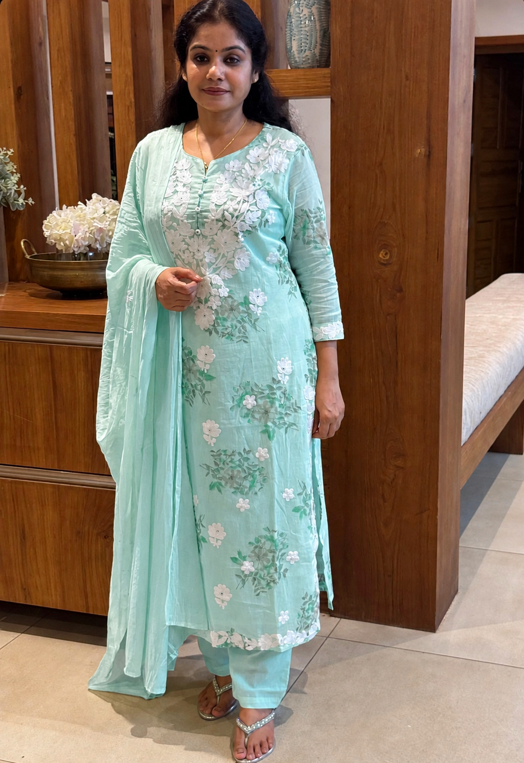A1822 Noor Lucknowi Chikankari Mulmul Cotton Suit Set(AQUA BLUE)