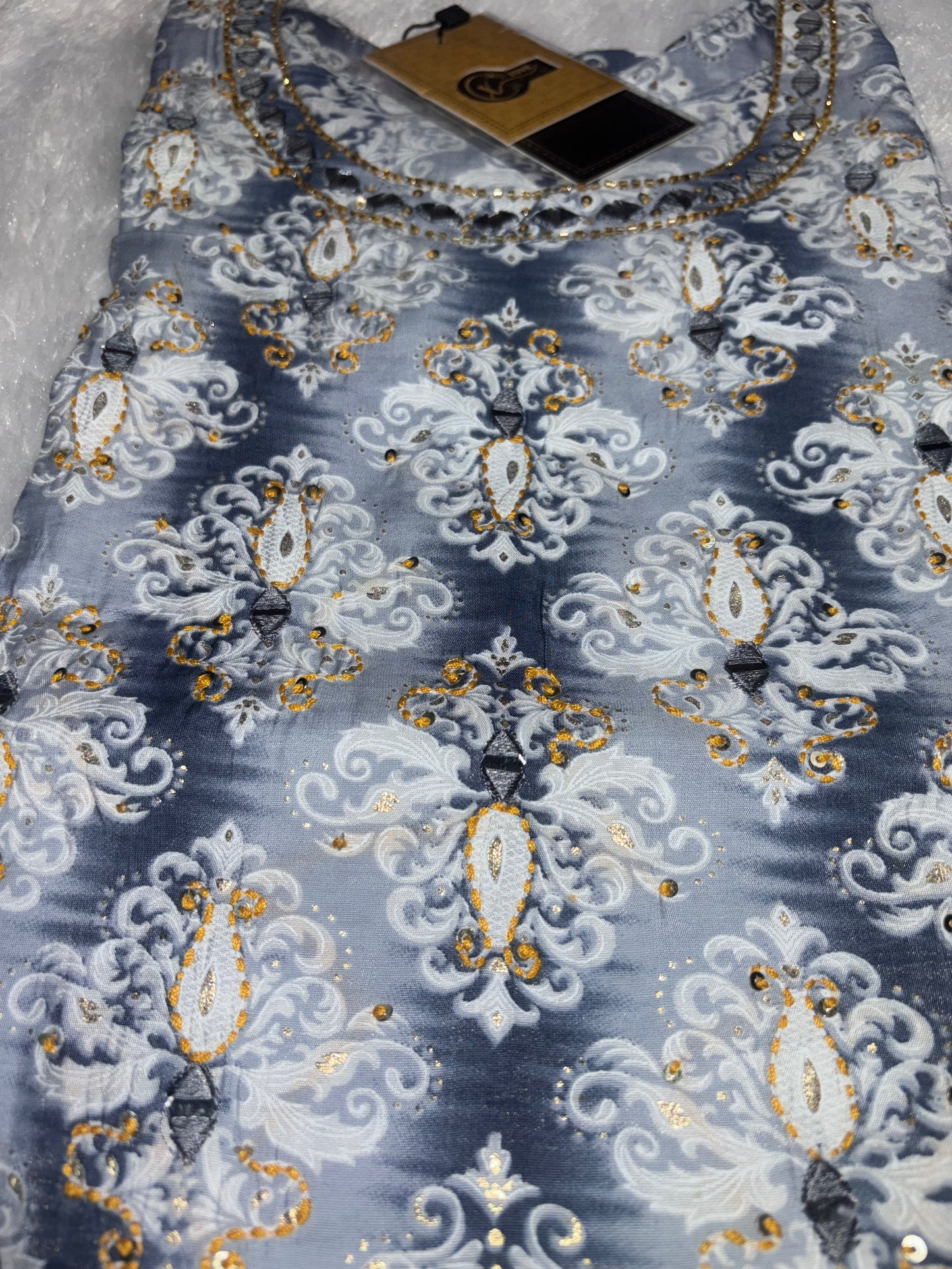 Hand Block Printed Three piece Pure Cotton Suit With Real Mirror Work