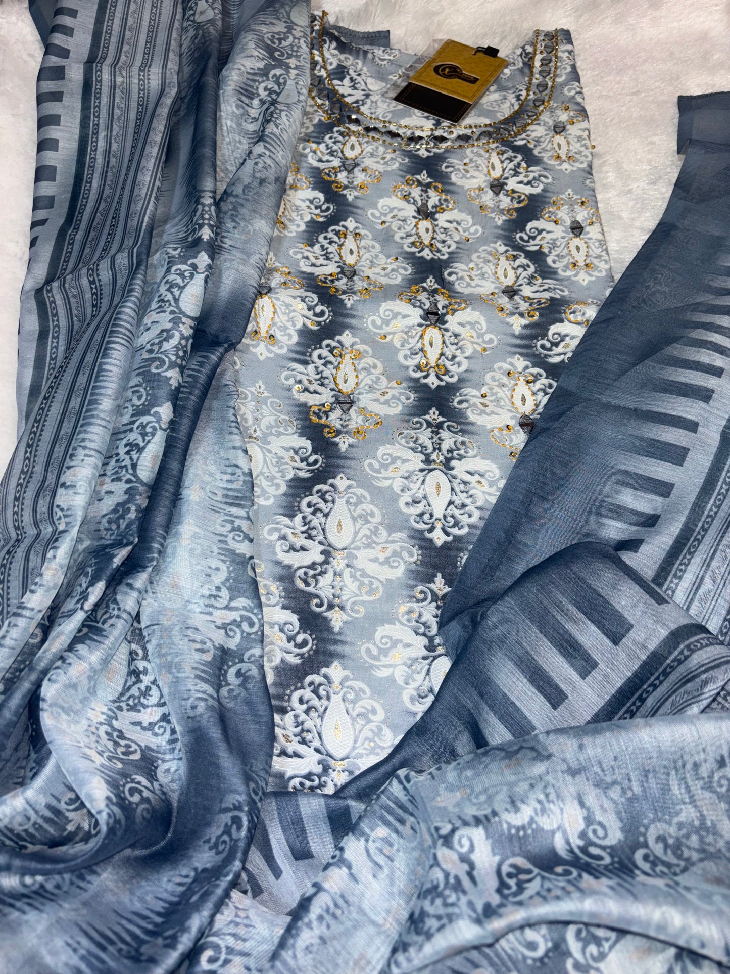 Hand Block Printed Three piece Pure Cotton Suit With Real Mirror Work
