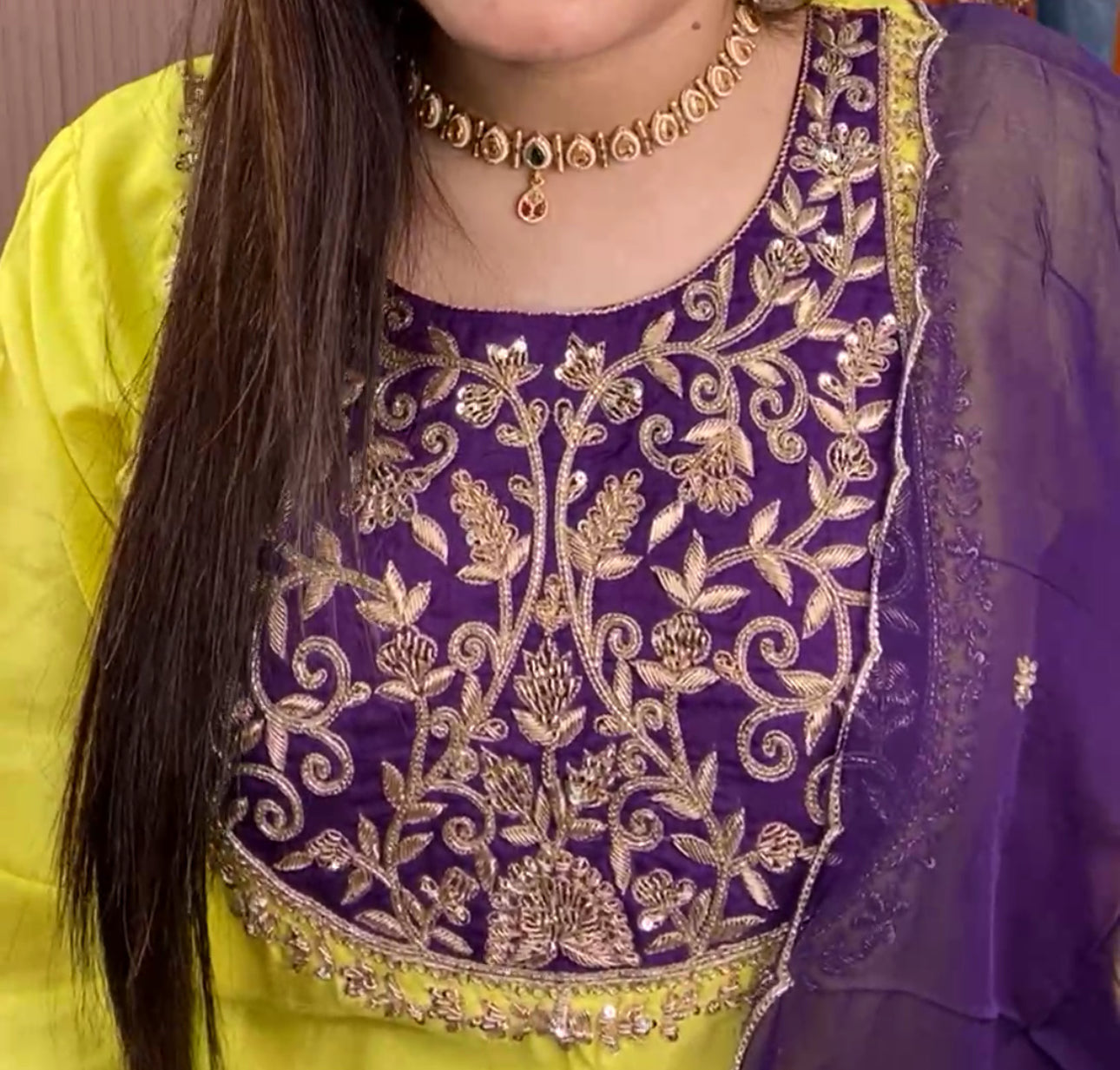 B1992 Neon & Purple Combination Zardozi Handwork Suit