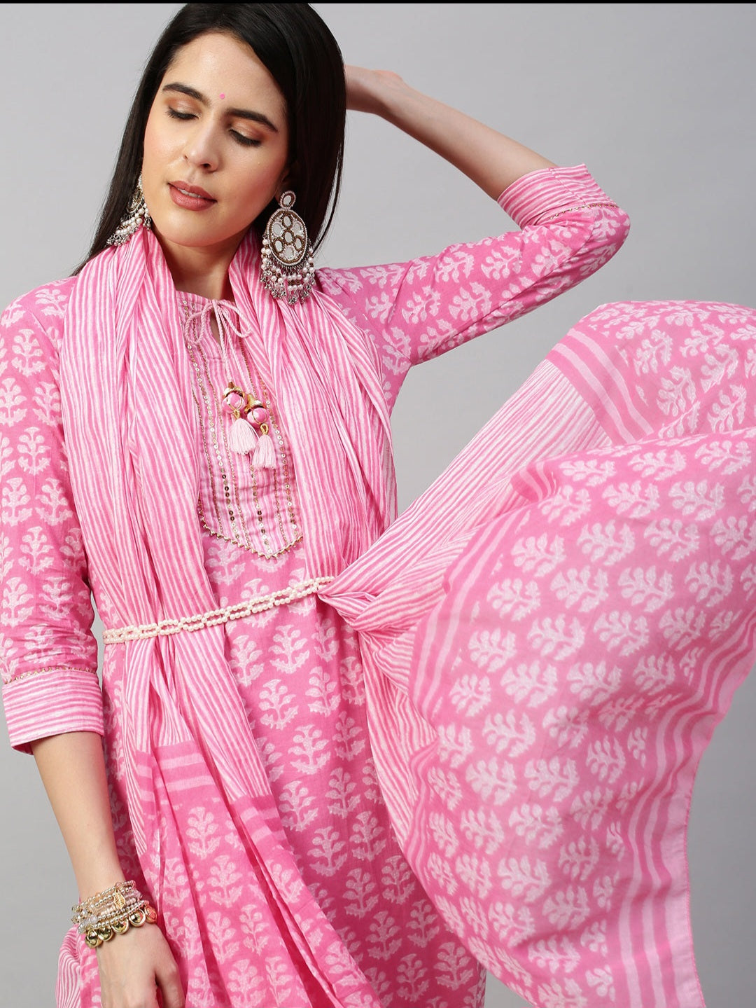 A122 Ethnic Printed Three Piece Suit - Pastel Pink