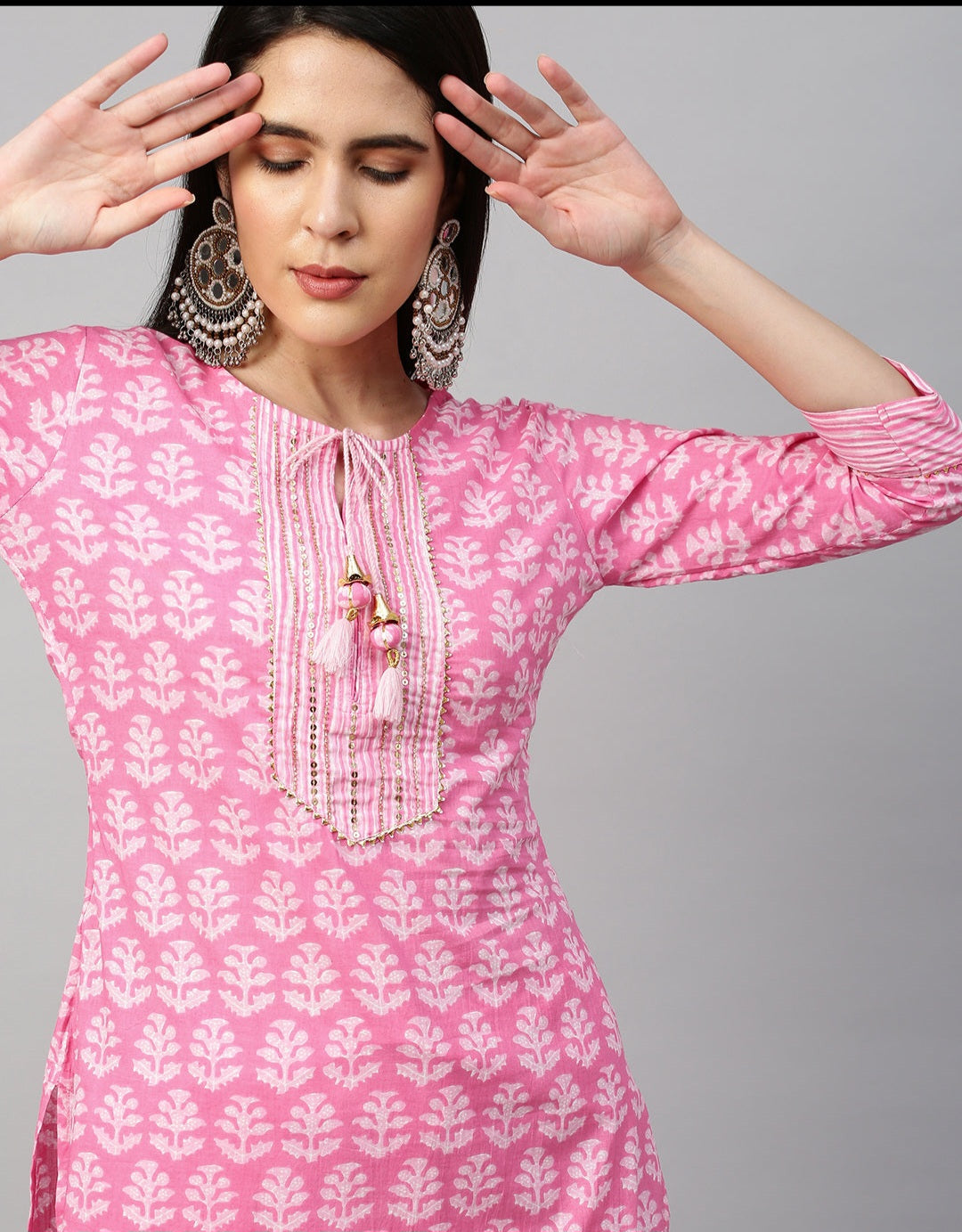 A122 Ethnic Printed Three Piece Suit - Pastel Pink