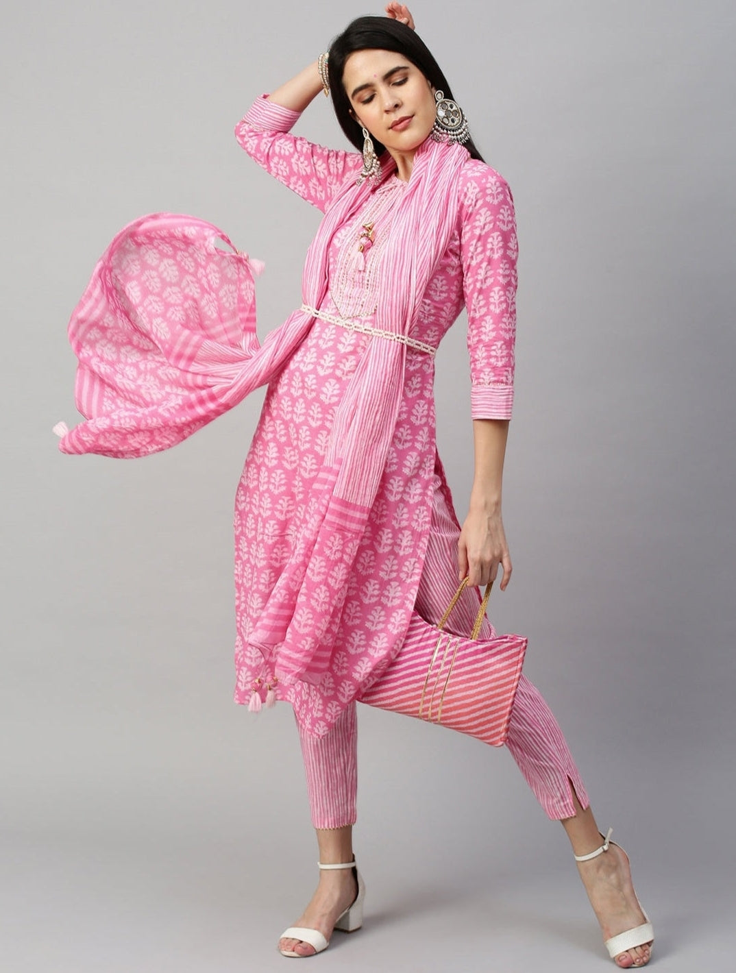 A122 Ethnic Printed Three Piece Suit - Pastel Pink