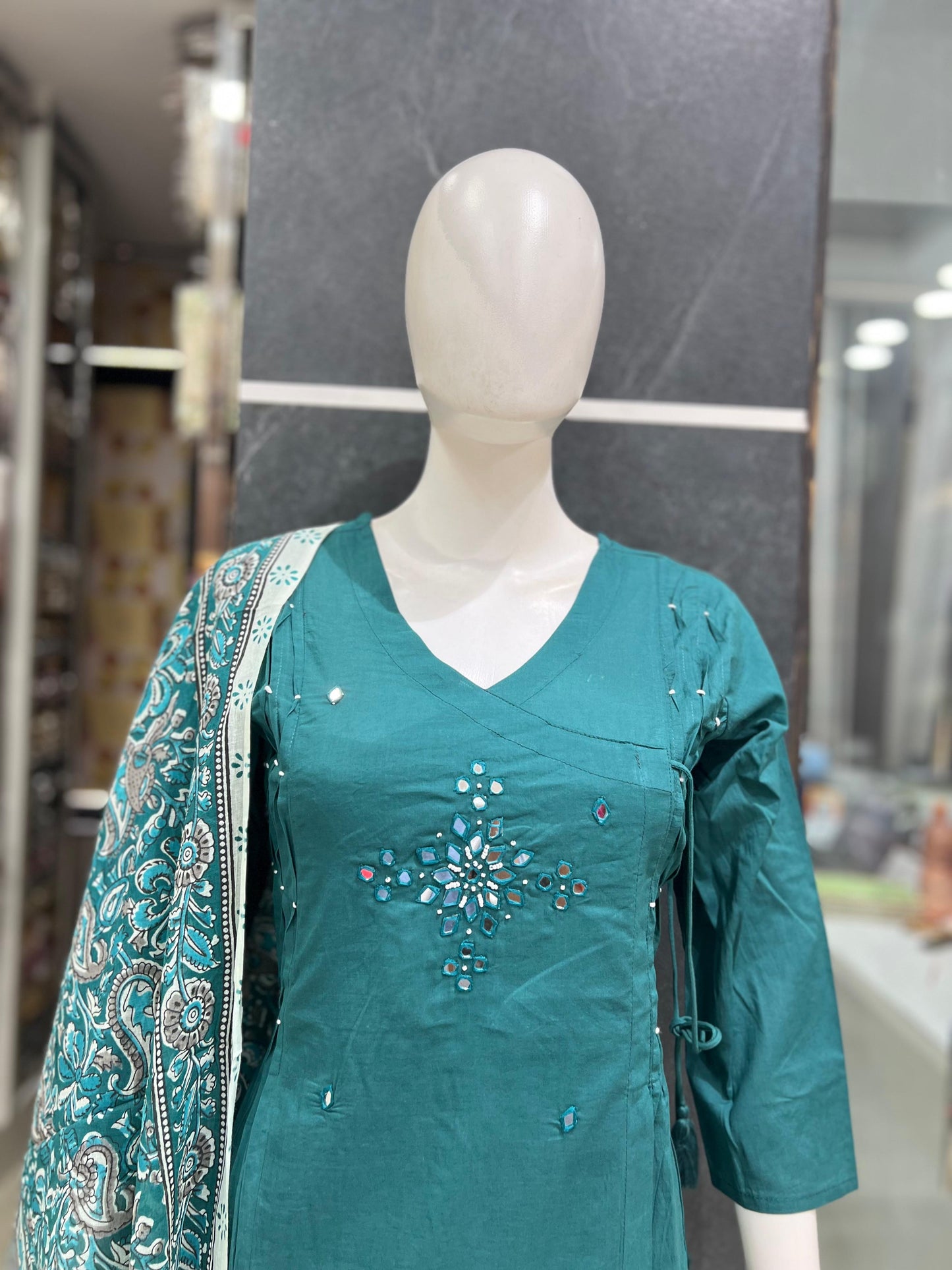 A1785 Pure Cotton Angarkha Suit Set with Mirror Work & Kalamkari Dupatta (TEAL)