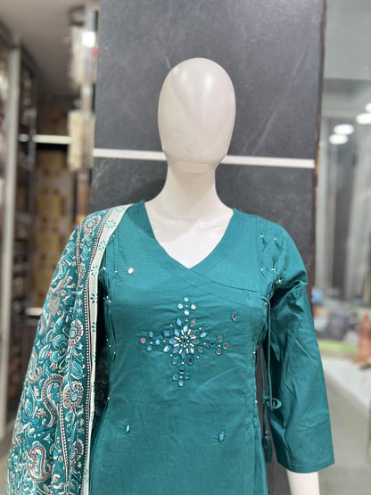 A1785 Pure Cotton Angarkha Suit Set with Mirror Work & Kalamkari Dupatta (TEAL)