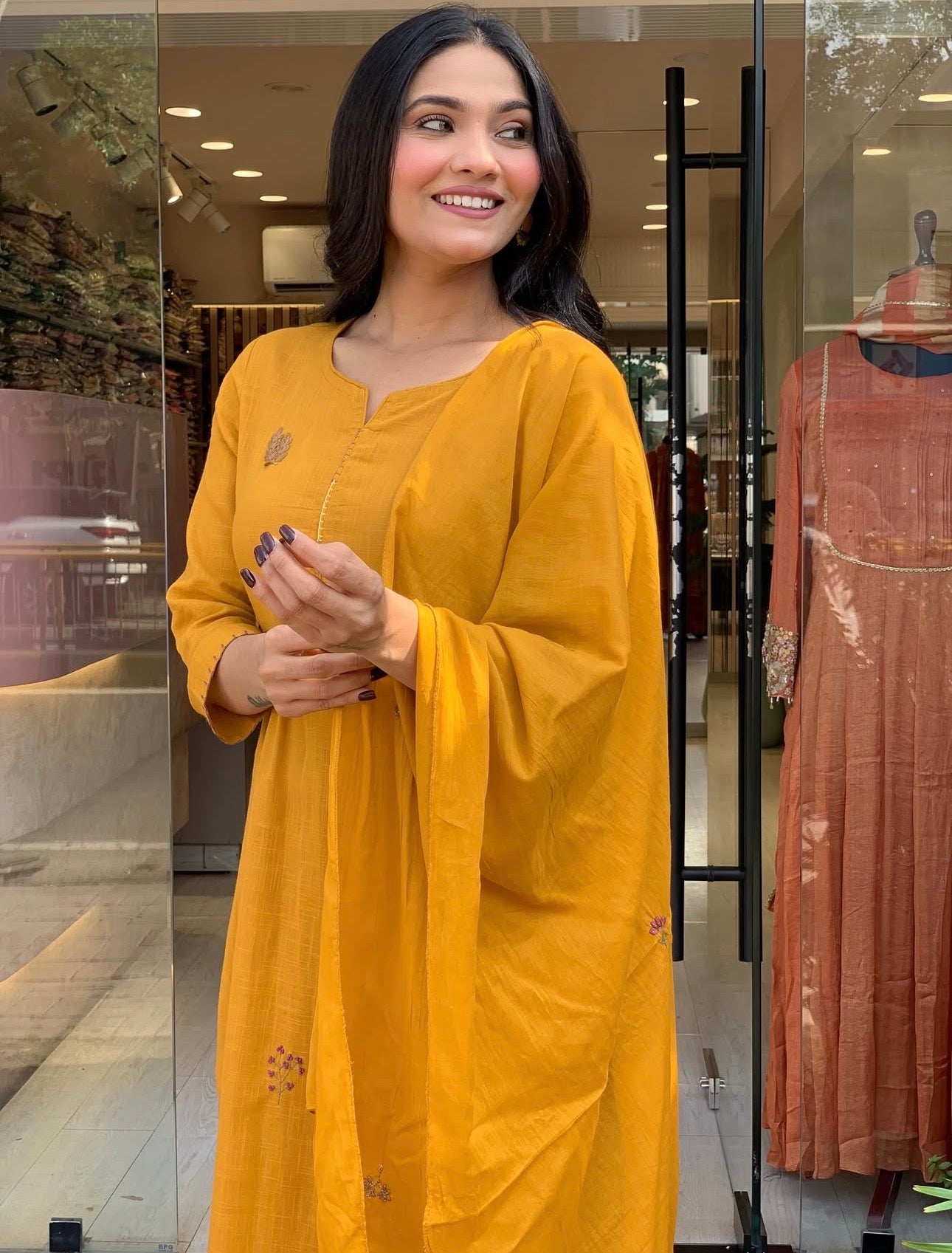 A1771 Pure Cotton Hand Embroidered Suit(MUSTARD YELLOW)