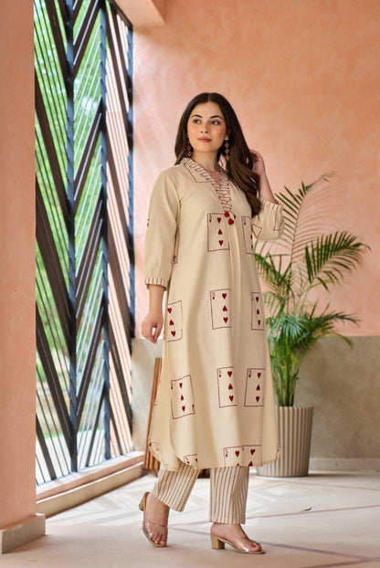 A1722 Soft Khadi Cotton Two-Piece Set with Card Print Kurta & Striped Pants
