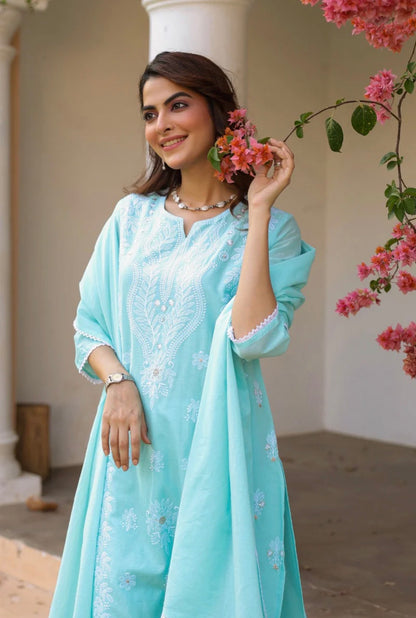 A1803 Lakhnavi Chikankari Suit (AQUA)