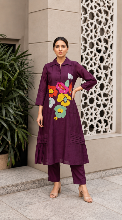 B2055 Mul Chanderi Co-ord Set(WINE)