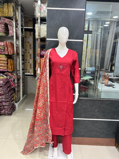 A1784 Pure Cotton Angarkha Suit Set with Mirror Work & Kalamkari Dupatta(MAROON RED)