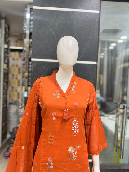 A1798 Floral 3D Embroidered Mul Cotton Suit (RUST)