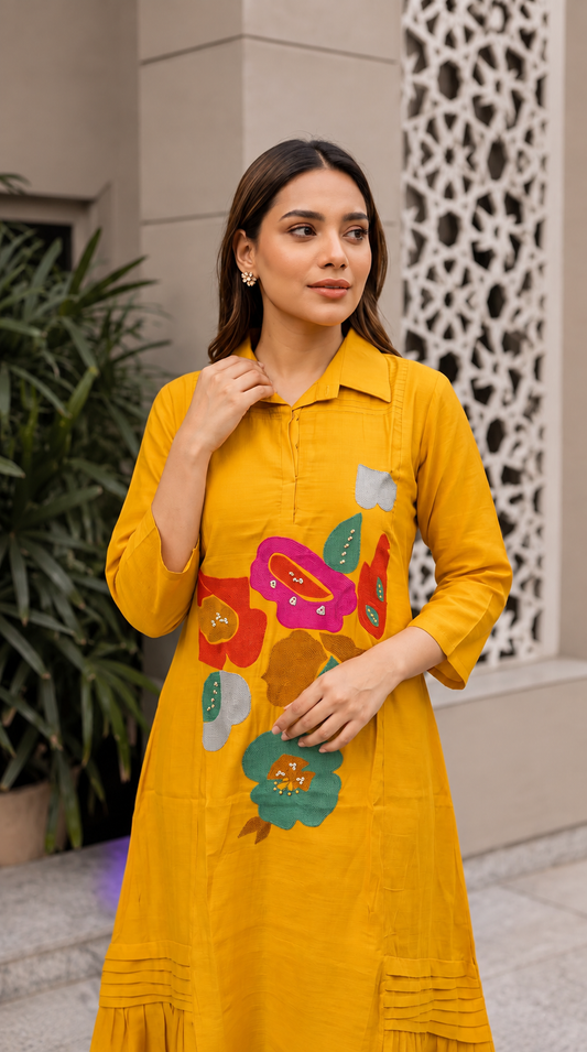 B2054 Mul Chanderi Co-ord Set(MUSTARD YELLOW)