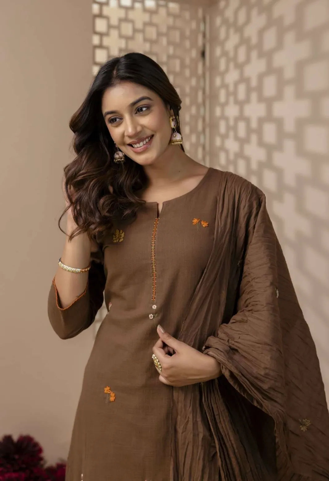 A1770 Pure Cotton Hand Embroidered Suit(COFFEE BROWN)