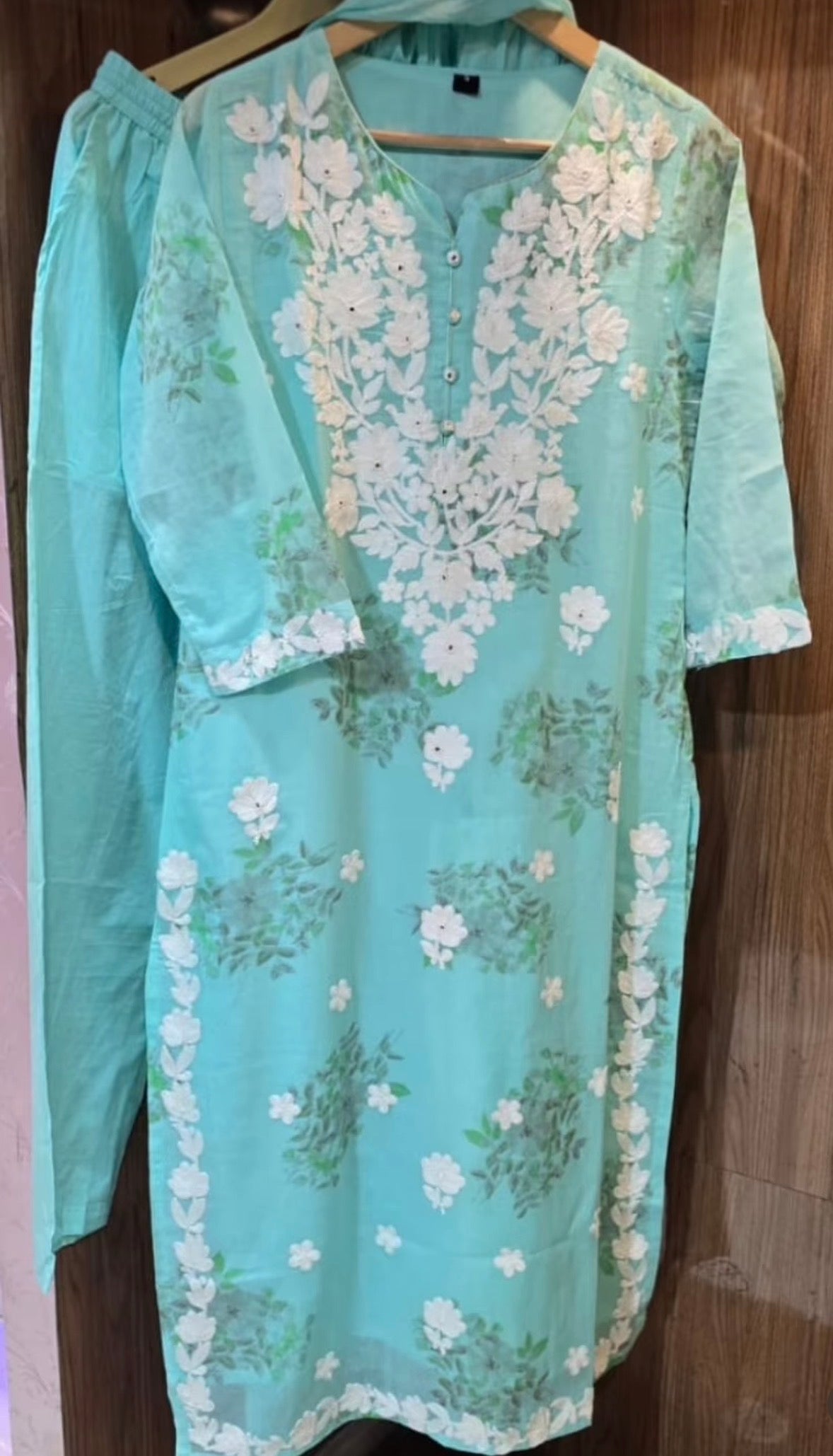 A1822 Noor Lucknowi Chikankari Mulmul Cotton Suit Set(AQUA BLUE)