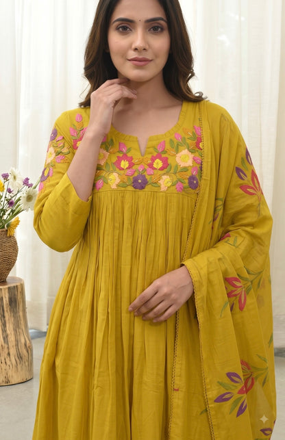 B2050 Mustard Hand-Painted Mul Chanderi Suit