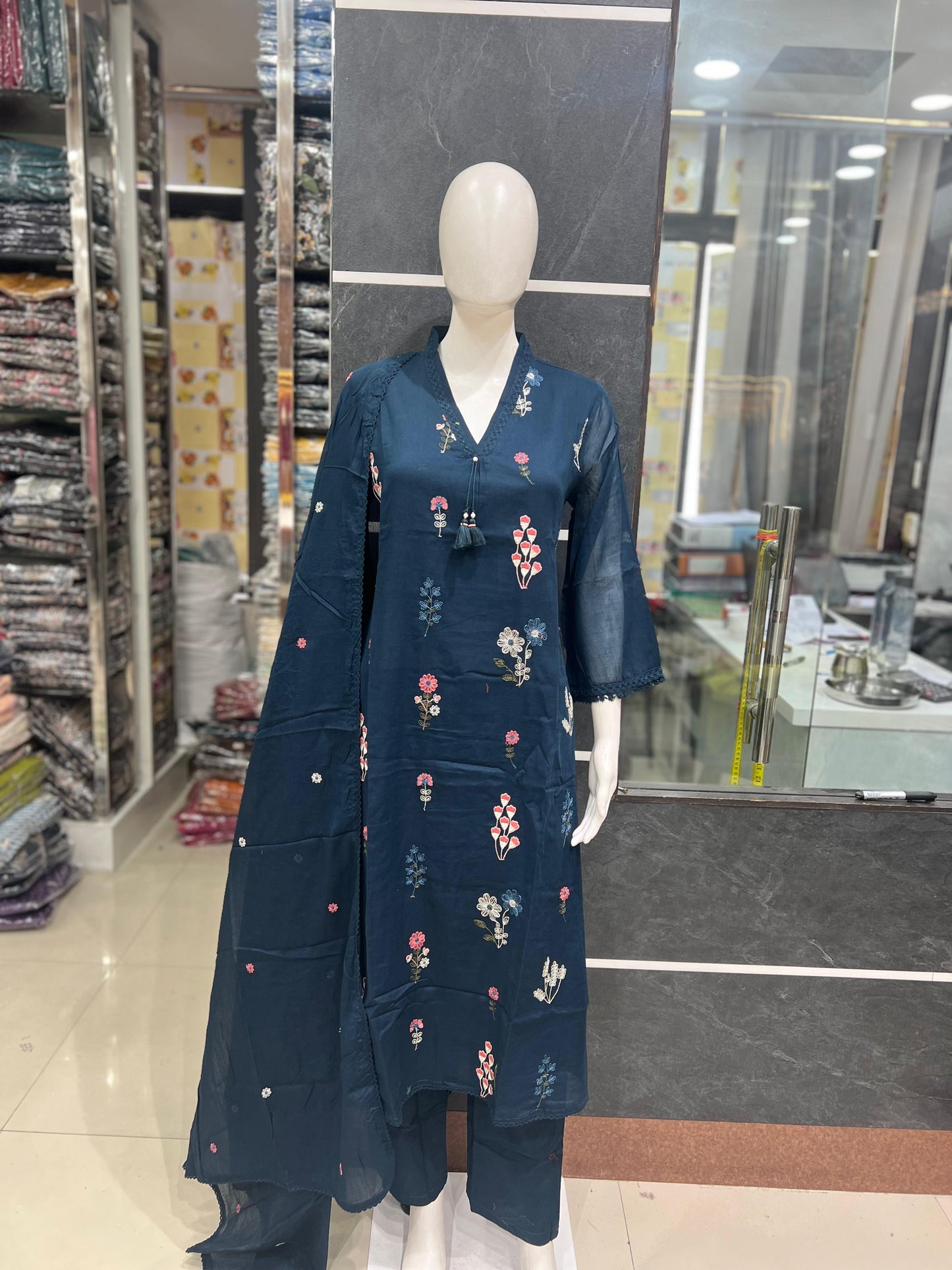 A1797 Floral 3D Embroidered Mul Cotton Suit (NAVY BLUE)