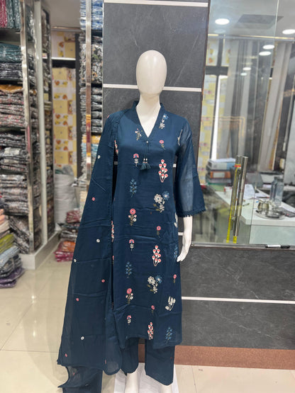 A1797 Floral 3D Embroidered Mul Cotton Suit (NAVY BLUE)