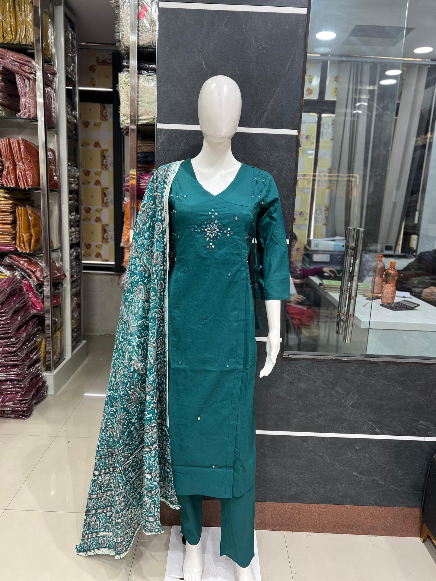 A1785 Pure Cotton Angarkha Suit Set with Mirror Work & Kalamkari Dupatta (TEAL)