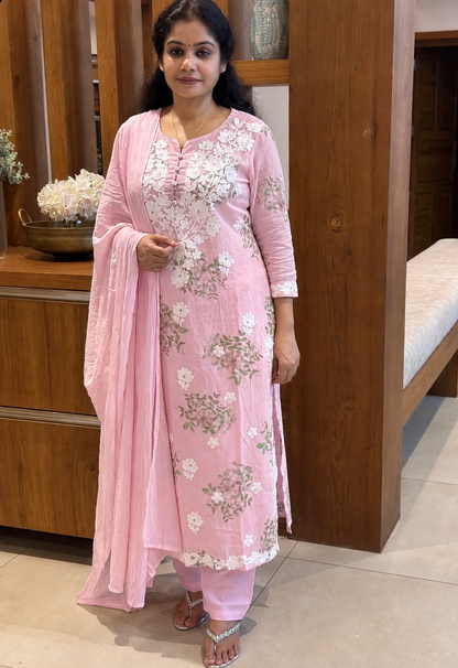 A1837 Noor Lucknowi Chikankari Mulmul Cotton Suit Set(BABY PINK)