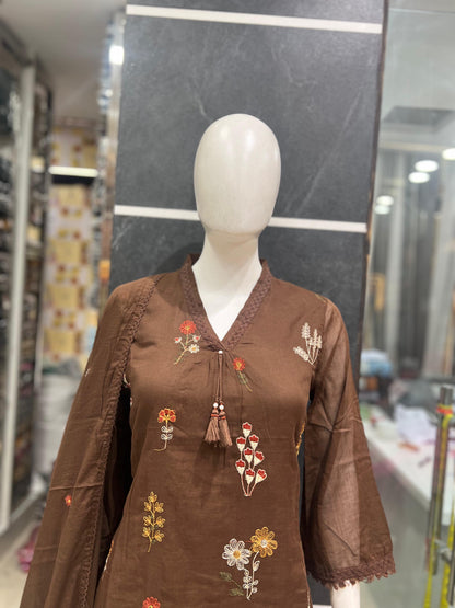 A1799 Floral 3D Embroidered Mul Cotton Suit (COFFEE BROWN)