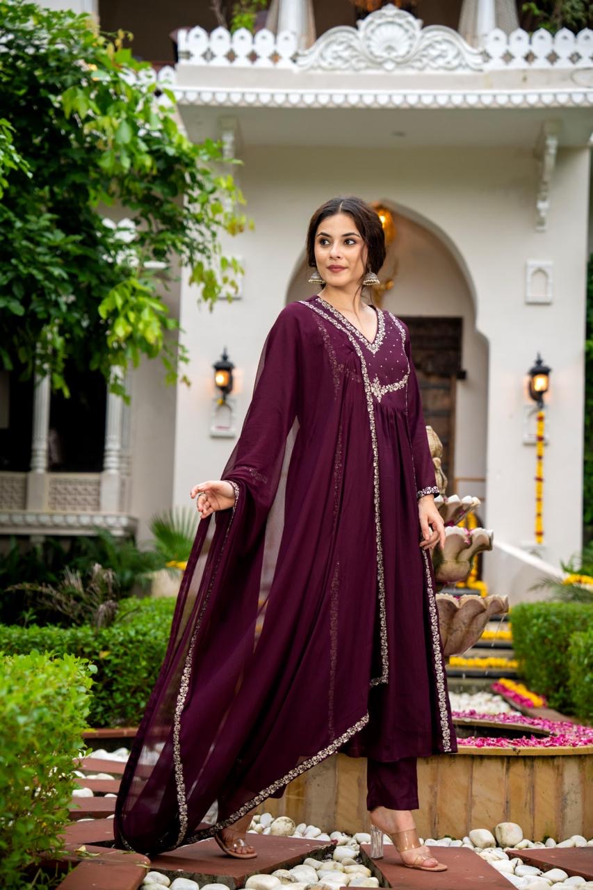 Pure Chinon Suit with Beautiful Zari Embroidery on Kurta & Elegant Dupatta with Border of Zari Embroidery