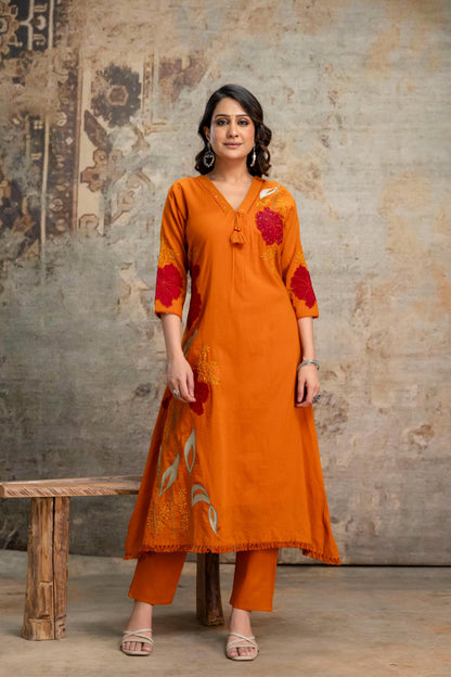 A1814 Pure Mul Cotton Appliqué Suit Set (RUST ORANGE)