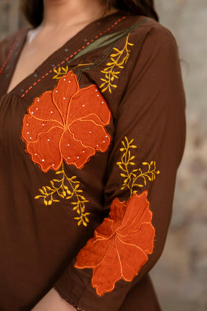 A1815 Pure Mul Cotton Appliqué Suit Set (COFFEE BROWN)