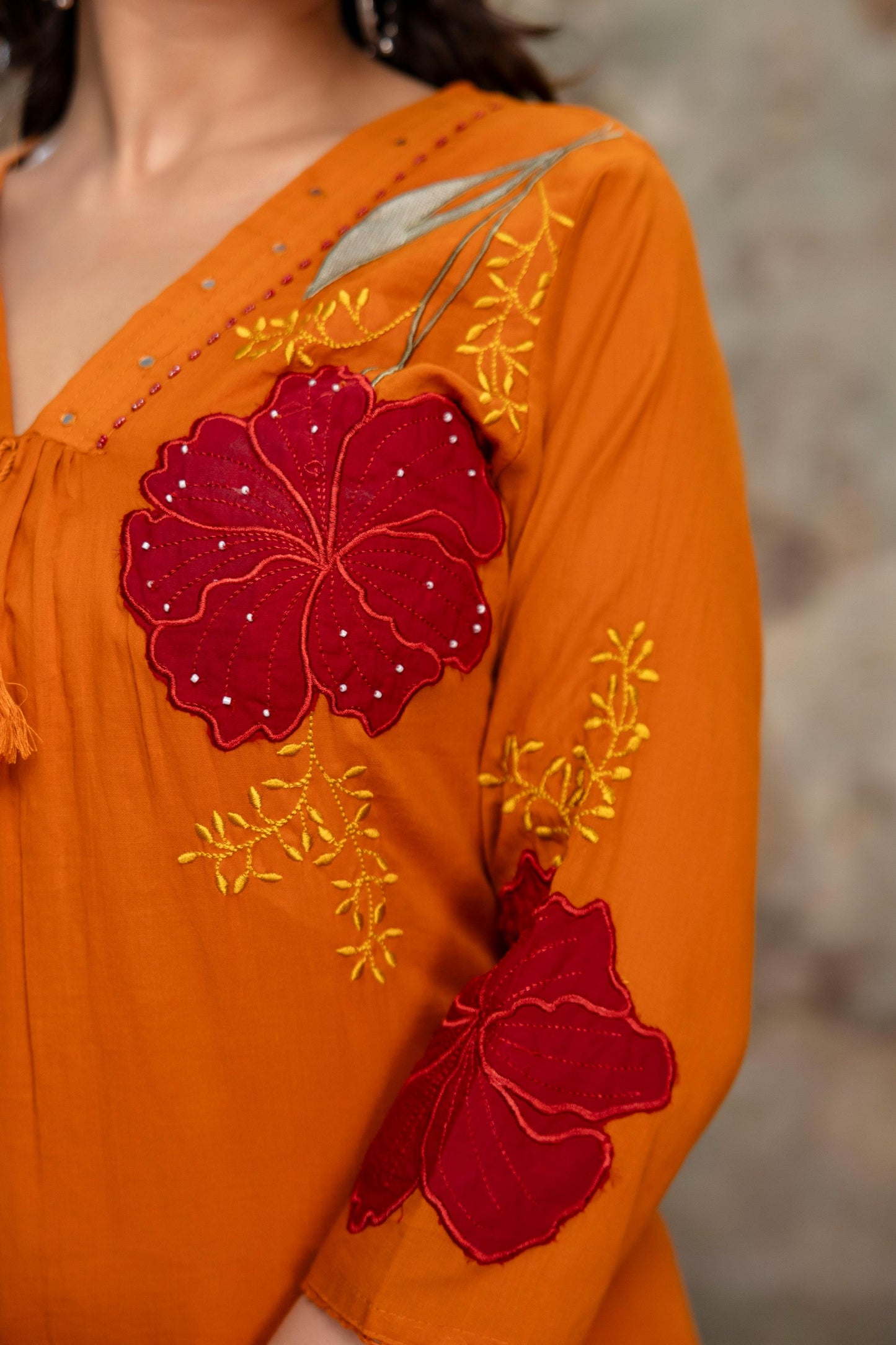 A1814 Pure Mul Cotton Appliqué Suit Set (RUST ORANGE)