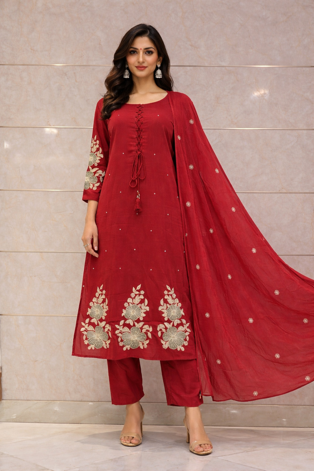 A1763 Mul Cotton Embroidered Suit(Maroon Red)